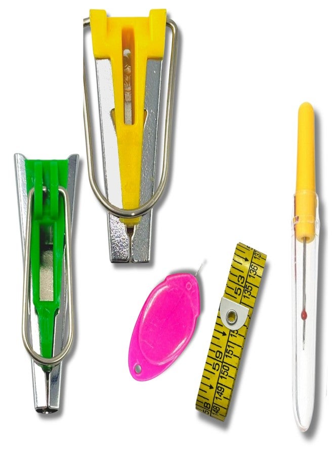 ZENITH Bias Tape Maker Set of Various sizes from 6mm to 25mm available in variations with 1 Seam Ripper, 1 Meassring tape & 1 Threader, Multicolour DIY Quilting Sewing Accessories Tools Kit for Fabric Sewing and Quilting (Green 6mm + Yellow 12mm + 1SR + Tape + 1Threader) - Image 1